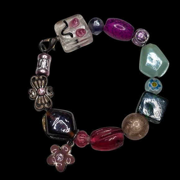 Vintage Artisan Hand Crafted Assorted Mixed Handmade Art Glass Beaded Bracelet - Picture 1 of 9